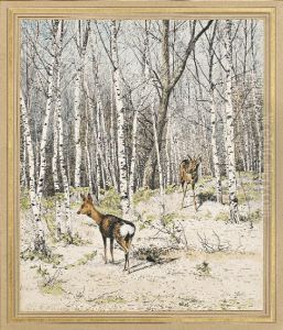 Brocard Et Sa Chevrette Dans Les Bois De Bouleaux by Leon Le Goaebe De Bellee