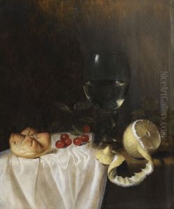 A Still Life With A Roemer, A Peeled Lemon, Cherries And A Bread Roll On A Partly-draped Table by Gillis Gillisz. de Bergh