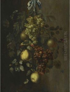 A Festoon Of Grapes, Apples And Pears Hanging From A Nail, Withsnails, Butterflies And A Parrot by Gillis Gillisz. de Bergh