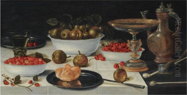 A Still Life With Strawberries, Pears And Cherries In Porcelainbowls, Together With A Bun On A Silver Plate, A Roemer, A Tazza, Ajug, Two Pipes And Burning Taper, All On A Table Draped With Awhite Cloth - view 1