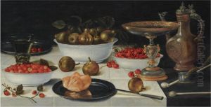 A Still Life With Strawberries, Pears And Cherries In Porcelainbowls, Together With A Bun On A Silver Plate, A Roemer, A Tazza, Ajug, Two Pipes And Burning Taper, All On A Table Draped With Awhite Cloth