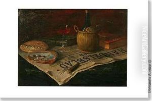 Still Lifewith Newspaper, Bottle Of Wine, Glass And Book. Canvas. Signed Anddated Pascal De Beucker 19 by Pascal De Beucker