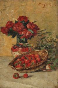 Stilleven Met Rozen In Een Vaas En Aardbeien In Een Mand by Franz De Beul