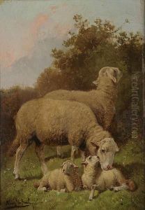 Schapen En Lammeren Aan De Zoom Van Het Woud. by Franz De Beul