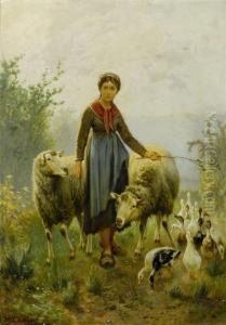 Young Peasant Maid With Sheep And Geese