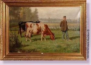 Paysan Et Ses Deux Vaches Au Pre by Henri De Beul