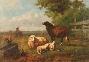 Sheep, Lambs And Chickens Before A Landscape