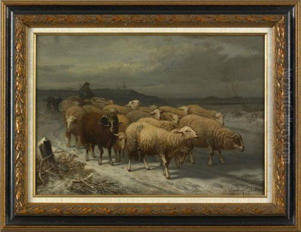 Winter Landscape With Flock Of Sheep - view 1