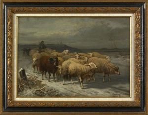 Winter Landscape With Flock Of Sheep by Laurent De Beul