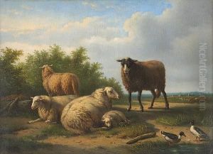 Sheep At Rest With Ducks By A Pond by Laurent De Beul