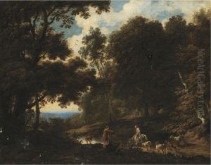 A Wooded Landscape With Drovers Watering Their Herd by Cornelis de Bie