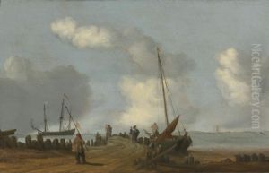Coastal Landscape With Figures On A Jetty A Sailing Boat Moored To Its Right