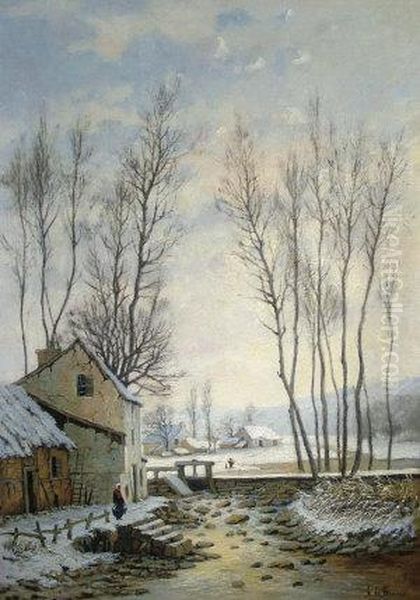 Figure By A Frozen River With Cottages In A Winter Landscape - view 1