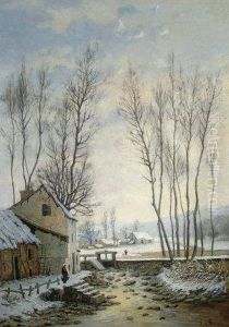 Figure By A Frozen River With Cottages In A Winter Landscape by Aristide De Biseau De Hauteville