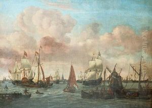 Dutch Shipping Off A Coastal Town by Johannes de Blaauw