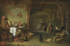 A Barn Interior With A Still Life Of Fish On A Plate, A Cabbage, Earthenware And Copper Pots And Pans And Other Kitchen Utensils, Together With A Boar And Three Chickens, A Group Of Peasants In The Background by Pieter de Bloot