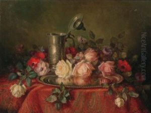 A Still Life With Anemones And Roses On A Silver Plate by Jan De Boer