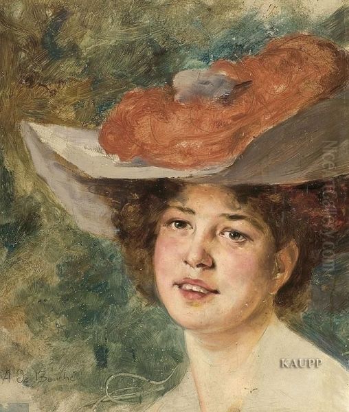 Bildnis Einer Lachelnden Jungen Brunetten Dame Mit Weisem Breitkrempigem Und Mit Roten Strausenfedern Geschmucktem Hut. - view 1