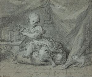 Enfant Jouant Avec Un Oiseau Dans Une Cage, Un Chat Le Regarde by Louis de, the Younger Boulogne