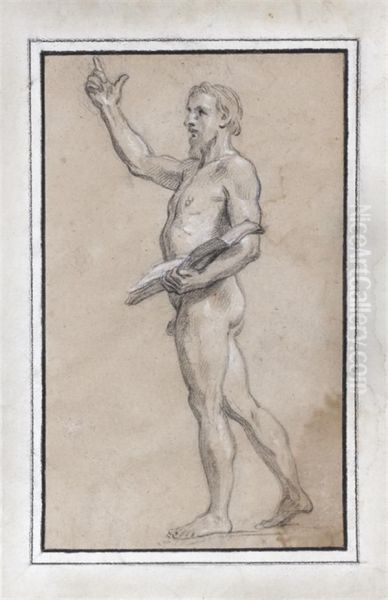Portrait D'homme En Pied Tenant Un Livre Et Le Bras Leve - view 1