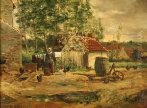 Boerin Kippen Voederend Voor De Boerderij