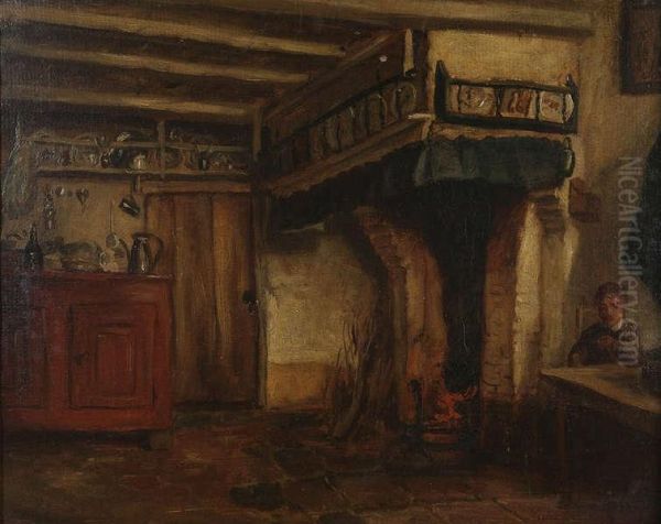 Boereninterieur Met Figuur Aan Tafel Bij De Haard - view 1