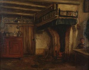 Boereninterieur Met Figuur Aan Tafel Bij De Haard by Henri De Braeckeleer