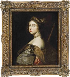 Portrait Of A Lady, Bust-length, In An Embroidered Gown Withpearls, A Staff By Her Right Shoulder