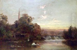 River Landscape With Swans 
Church To Distance