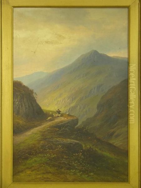 Shepherd Withflock On Mountain Pathway - view 1