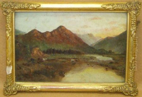 Mountain River Landscape With Cattle Watering - view 1