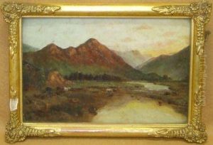 Mountain River Landscape With Cattle Watering by J. De Breanski