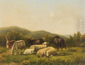 Sheep And Goats In An Upland Landscape Atdusk by Anthony De Bree