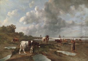 Tending To Livestock By A Dutch Waterway by Anthony, Anton De Bree