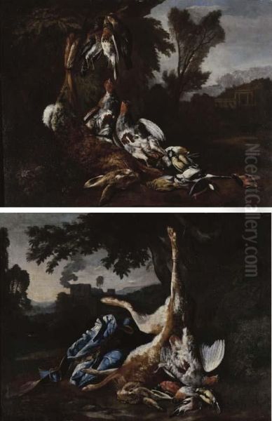 A Hunting Still Life With A Hare, Three Fieldfares And Twopartridges Suspended By Ropes, A Pigeon, A Great Tit, A Siskin, Agreat Grey Shrike And Two Kingfishers In A Landscape, A Palacebeyond; And A Hunting Still Life With A Hare And A Partridgesuspended - view 1