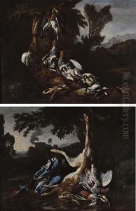 A Hunting Still Life With A Hare, Three Fieldfares And Twopartridges Suspended By Ropes, A Pigeon, A Great Tit, A Siskin, Agreat Grey Shrike And Two Kingfishers In A Landscape, A Palacebeyond; And A Hunting Still Life With A Hare And A Partridgesuspended by Bernaert De Bridt