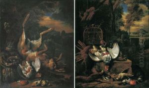 A Hunting Still Life With A Pheasant And Songbirds In A Landscape; And A Hunting Still Life With A Cat, A Dead Hare And Songbirds In A Landscape by Bernaert De Bridt