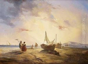 Pecheurs Et Embarcations Sur Une Plage Grecque by Antonio De Brugada Vila
