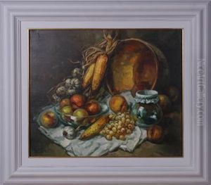 Stillleben Mit Obst Und Maiskolben by Jose De Brugada Vila