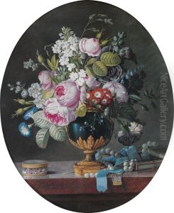 Nature Morte Au Bouquet De Fleurs Et Au Collier De Perle Sur Unentablement De Marbre