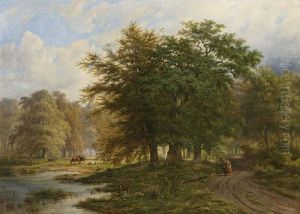 A Traveller On A Path In A Wooded Landscape by Adrianus Henrikus De Bruine