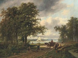 Gathering Faggots By A River by Adrianus Henrikus De Bruine