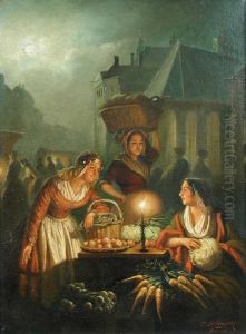 Fruit Stall At A Market By Candelight by Constant De Bruycker