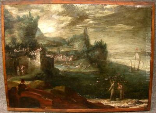 ''paesaggio Con Cittadella Sul Porto, Duefrati In Primo Piano E Veliero In Partenza Sullo Sfondo''. - view 1