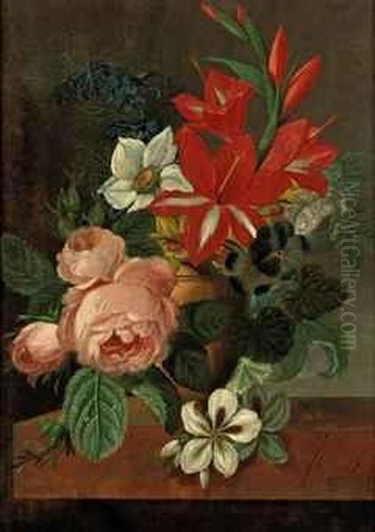 Roses, Lilies, Voilets And Other Flowers In An Urn On A Ledge - view 1