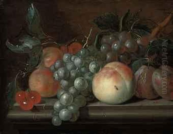 Cherries, Grapes, Plums, Apricots And A Peach On A Stone Ledge - view 1