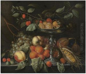 Cherries, Grapes, Apricots, Figs, Maize, And Other Fruit With A Silver Tazza On A Table by Cornelis De Bryer
