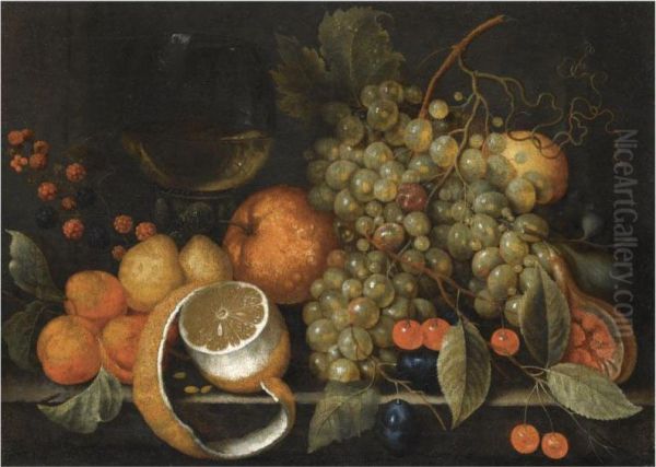 A Still Life With Grapes, Oranges, Berries, A Roemer Of Wine Andpartly Peeled Lemon On A Stone Ledge - view 1