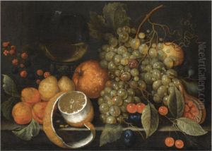 A Still Life With Grapes, Oranges, Berries, A Roemer Of Wine Andpartly Peeled Lemon On A Stone Ledge