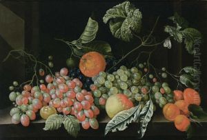 A Still Life With Grapes, A Tangerine, An Apple, Prunes And Apricots, All On A Stone Legde